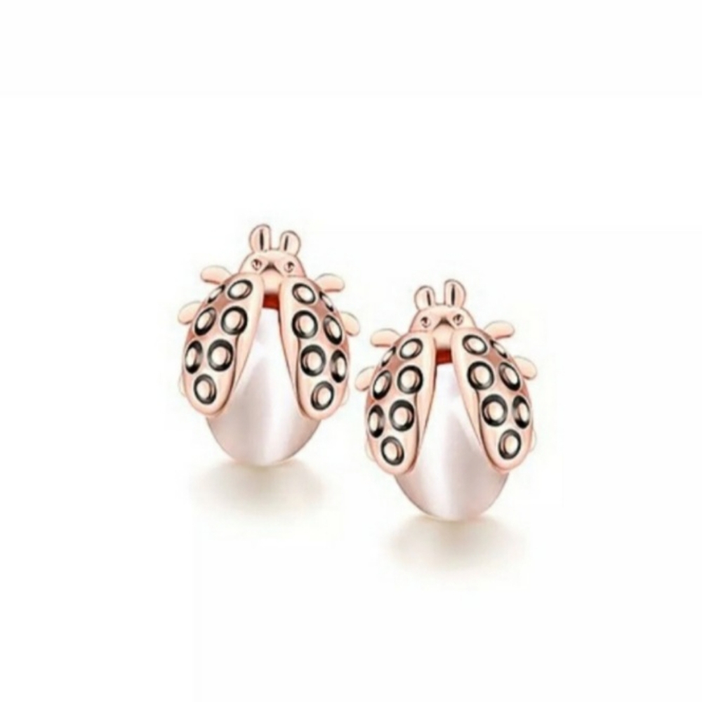 Rose Goldtone Pearl Good Luck Ladybug Stud Earrings - Picture 1 of 5
